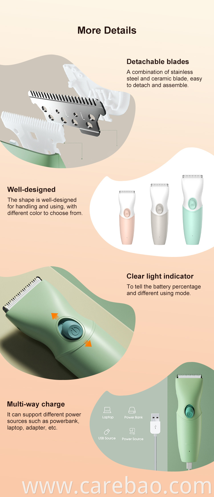 Carebao New Style Waterproof Body Hair Clipper Baby Hair Trimmer Clipper Sets With New Packaging Box